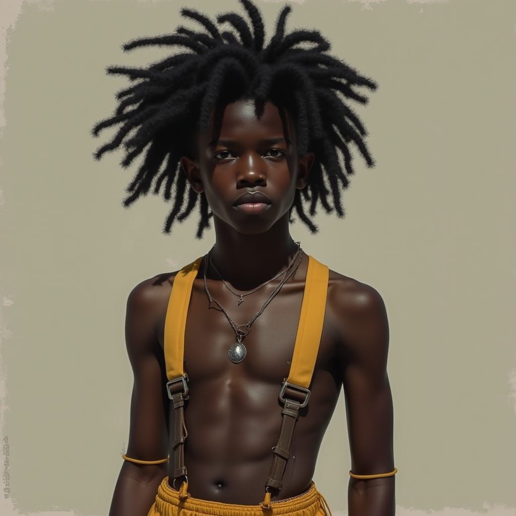 African American Youth with Elegant Locks in Realistic Art S...
