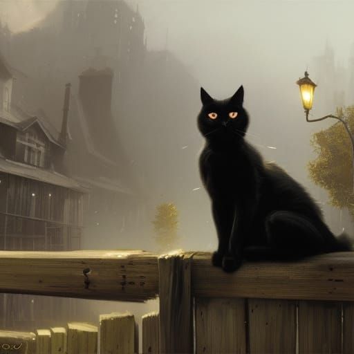 Black Cat on Fence: Dark Fantasy Concept Art