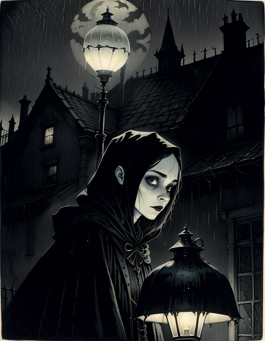 Gothic Woman with Lamp in Edward Gorey Style