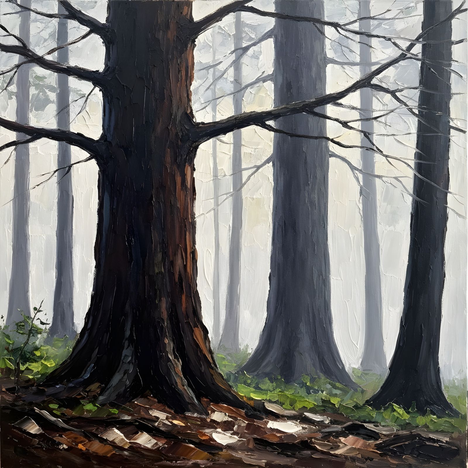 Vigorous Oil Painting of Foggy Forest with Impasto Trees
