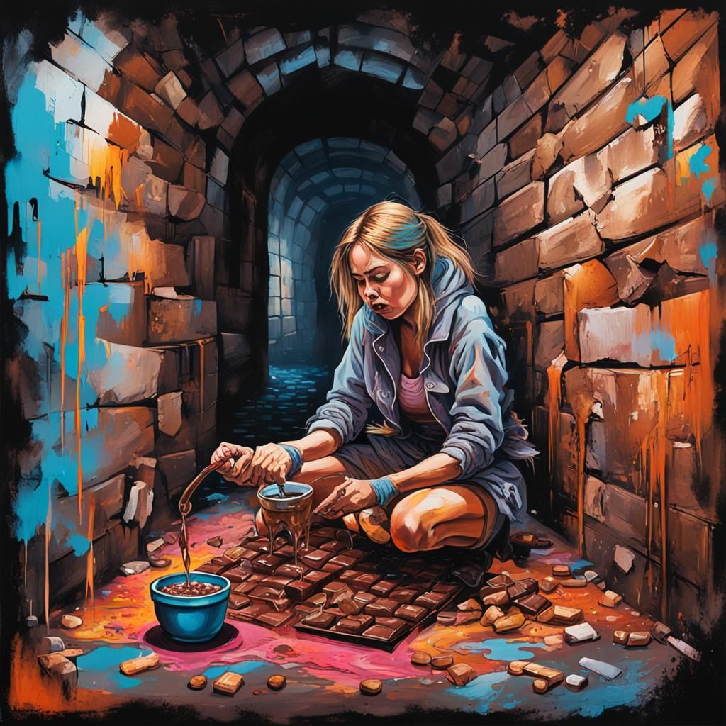 Woman Eating Chocolate in Dungeon, Graffiti Art Style