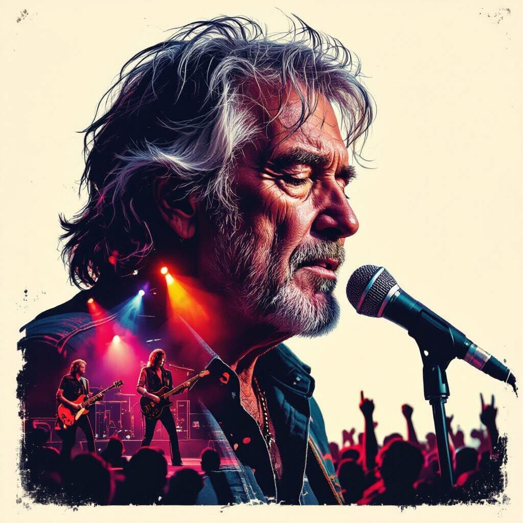 Retired Rocker's Face Merged with Live Band Performance