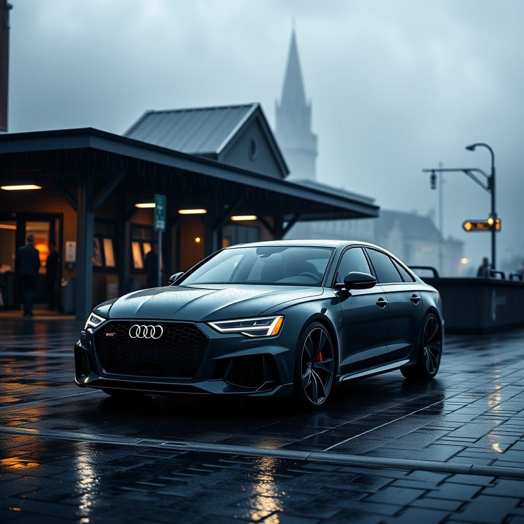 Audi RS6 in Dark Matte Finish at Bergen Station Under Dramat...
