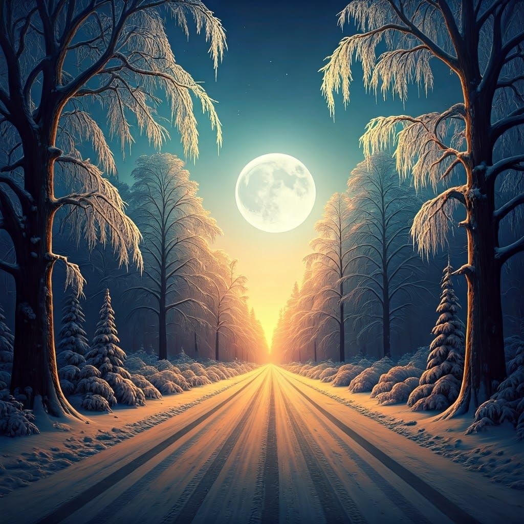 Snowy Road Under Moonlight: Atmospheric Concept Art