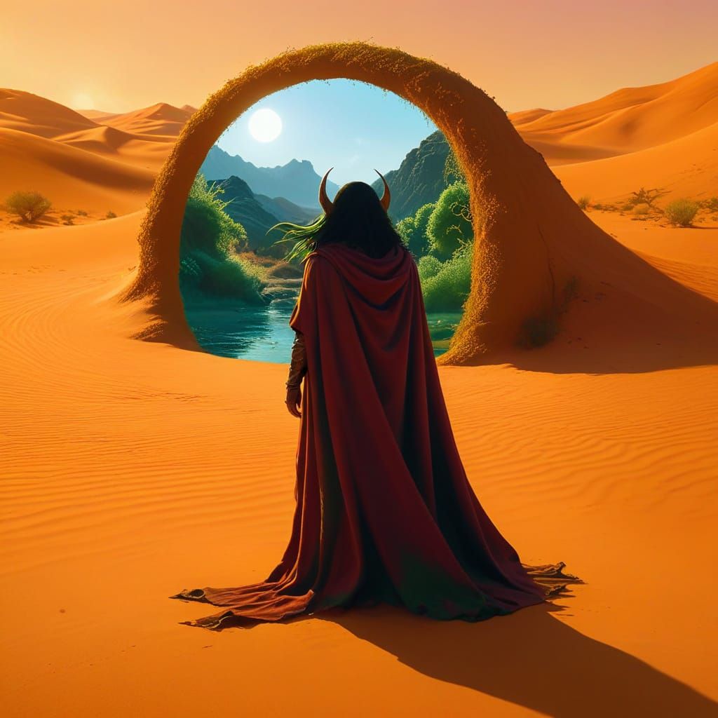 Mystical Portal in Desert Sunset - Vibrant Oil Painting