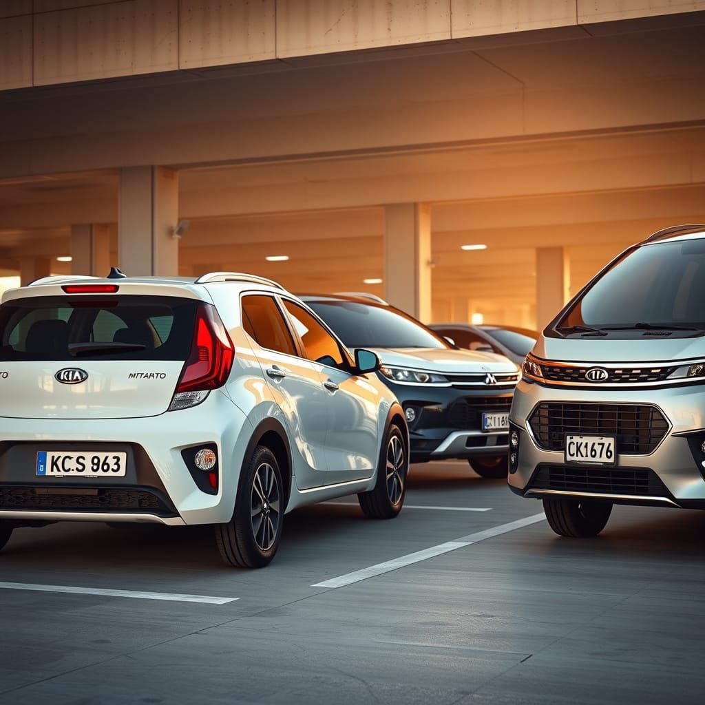 Three Cars Parked in Well-Lit Lot: Kia, Mitsubishi