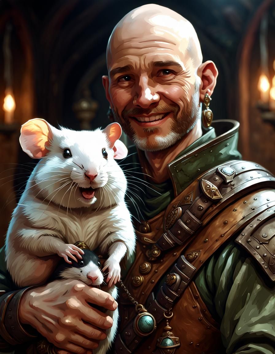 Bald Ranger Portrait with Hamster, Dark Fantasy Art