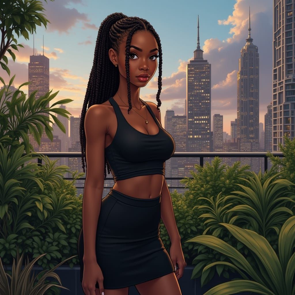 Hyperrealistic Woman in Rooftop Garden at Dusk