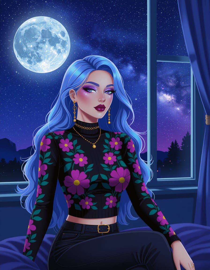 Emo Rock Woman in Starry Night Room 3D Bas Relief