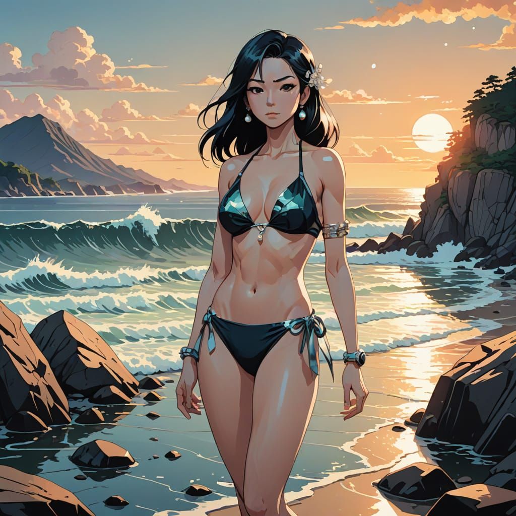 Vibrant Anime Goddess in Pearl Bikini, Beachside