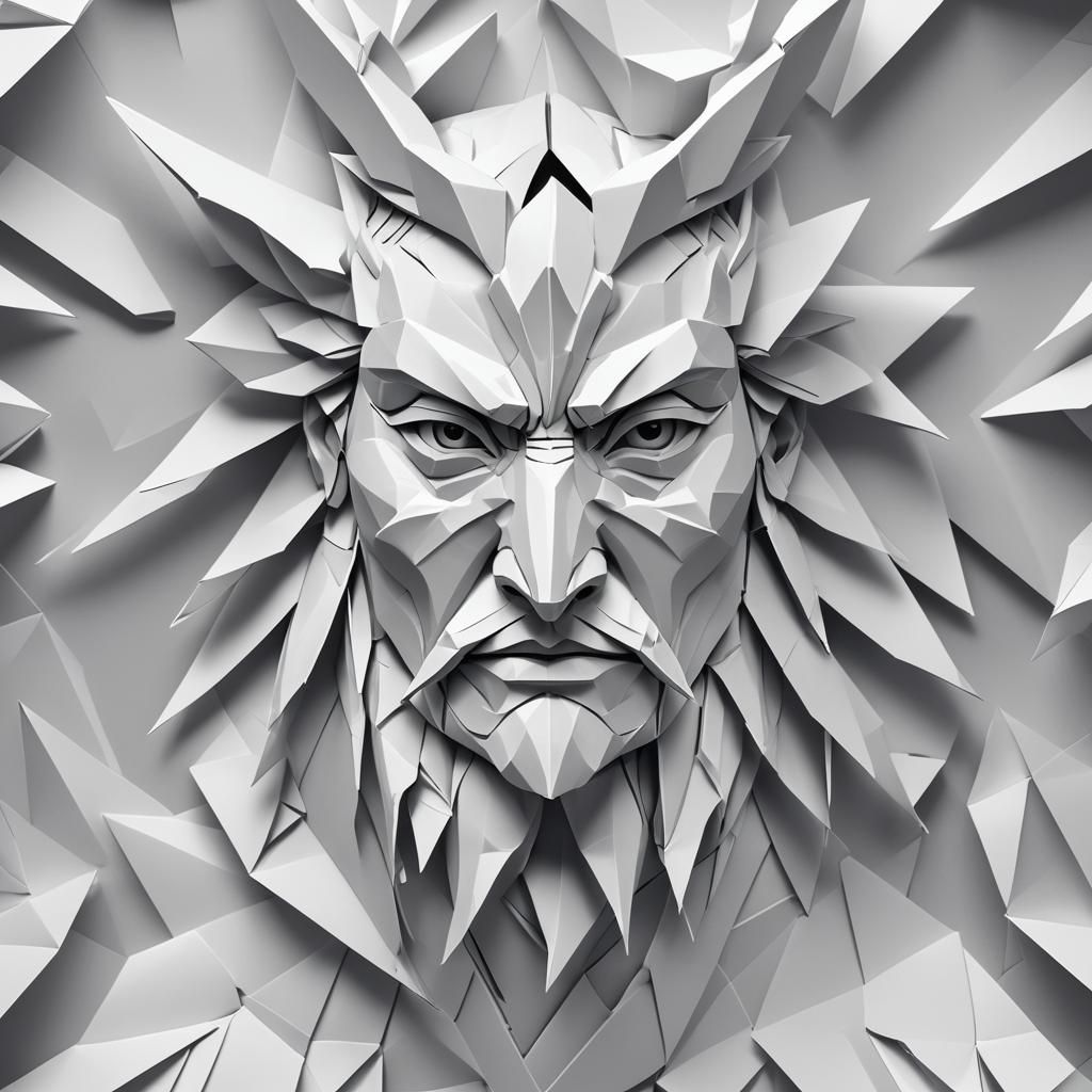 Abstract Sad Dai-Tengu Face in Origami Style
