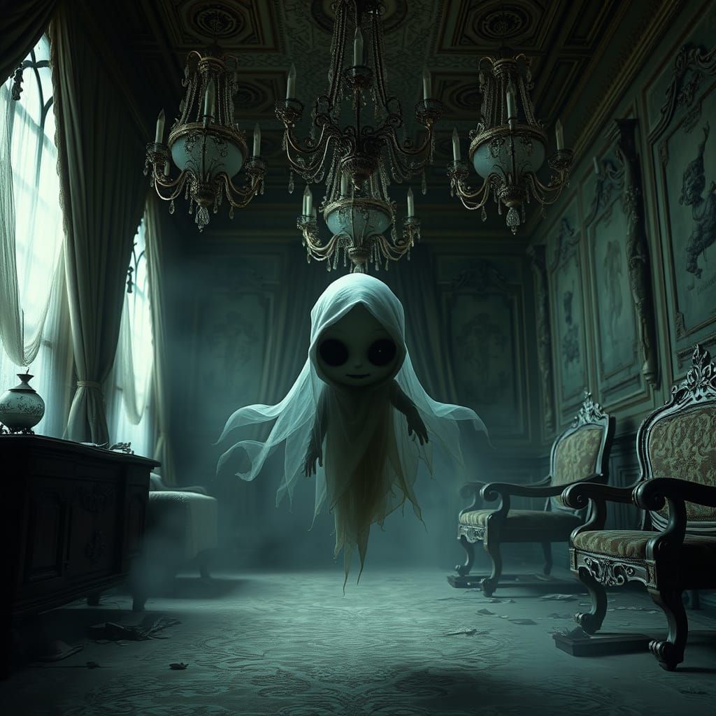 Chibi Ghost Drifts Through Haunted Mansion in Dark Fantasy S...