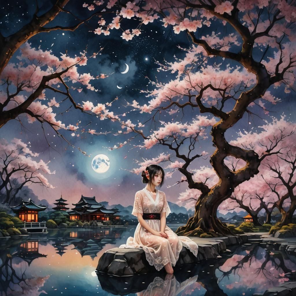 Sakura Night Sky: Surreal Watercolor Painting