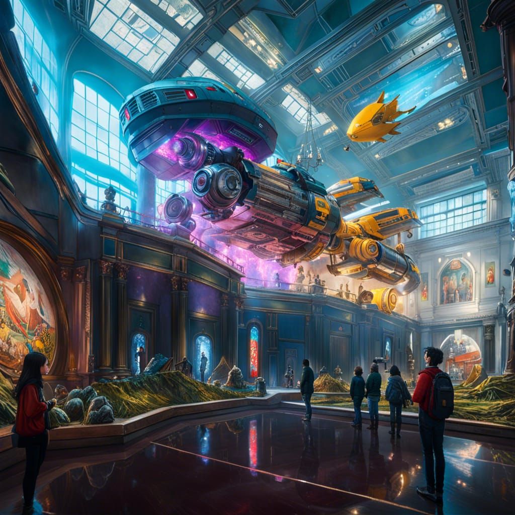 Futuristic Museum Interior with Robots: Digital Illustration