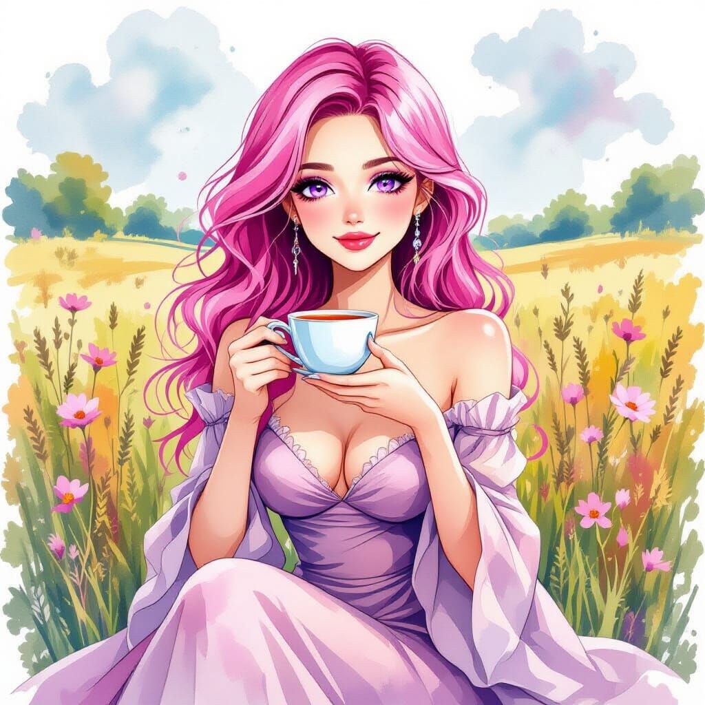 Pink-Haired Woman with Tea in Watercolor Style