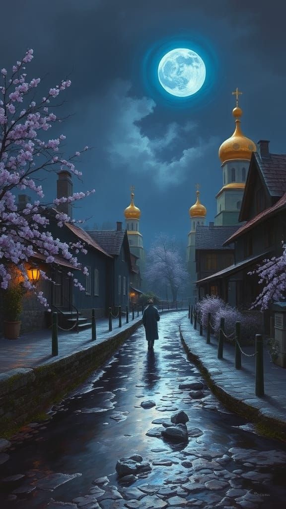 Whimsical Village Under Starry Blue Moonlight