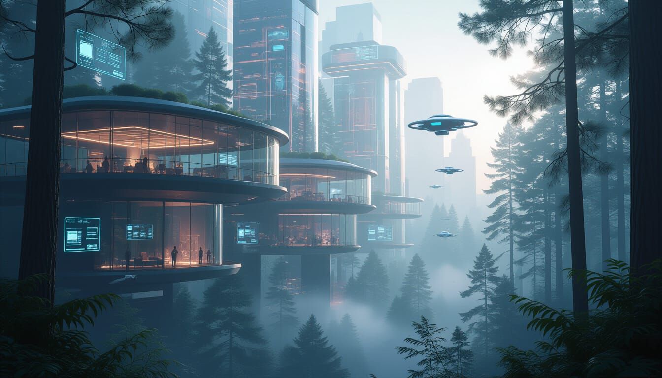 Futuristic City in Misty Forest with Glass and Wood Architec...