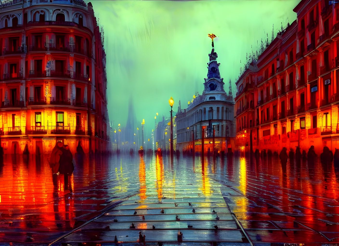 Rainy Madrid Street Scene in Art Style