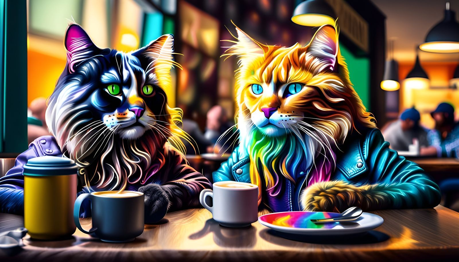 Cat Hipsters sitting at a table in a coffee shop,  Hyperrealistic, splash art, concept art, mid shot, intricately detail...