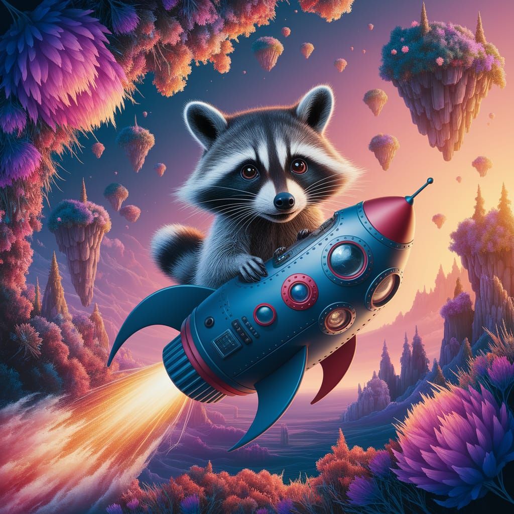 Surreal Raccoon Rocket Soars Through Dreamlike Landscape