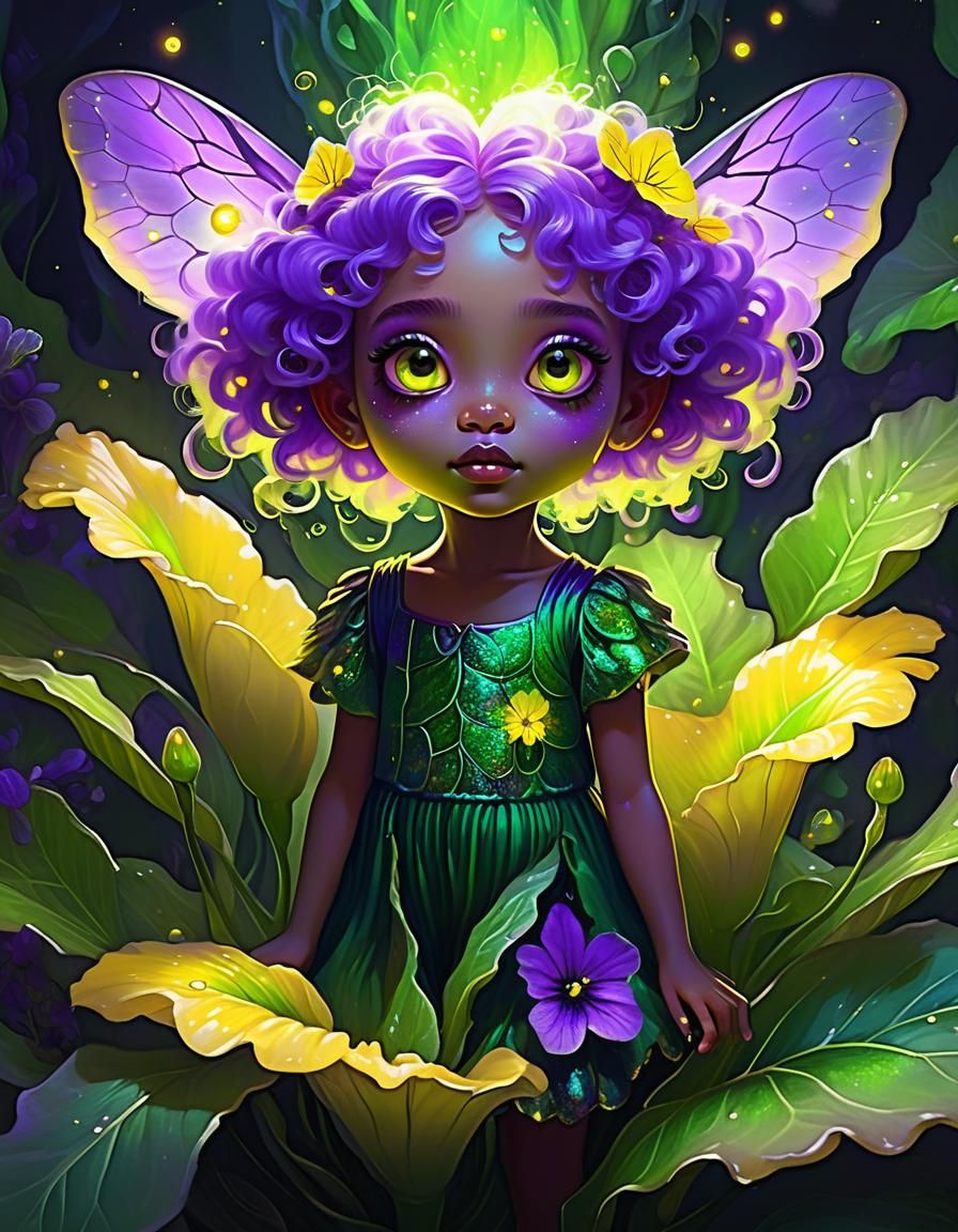 Enchanting Tiny Girl in Violet Flower, Digital Art