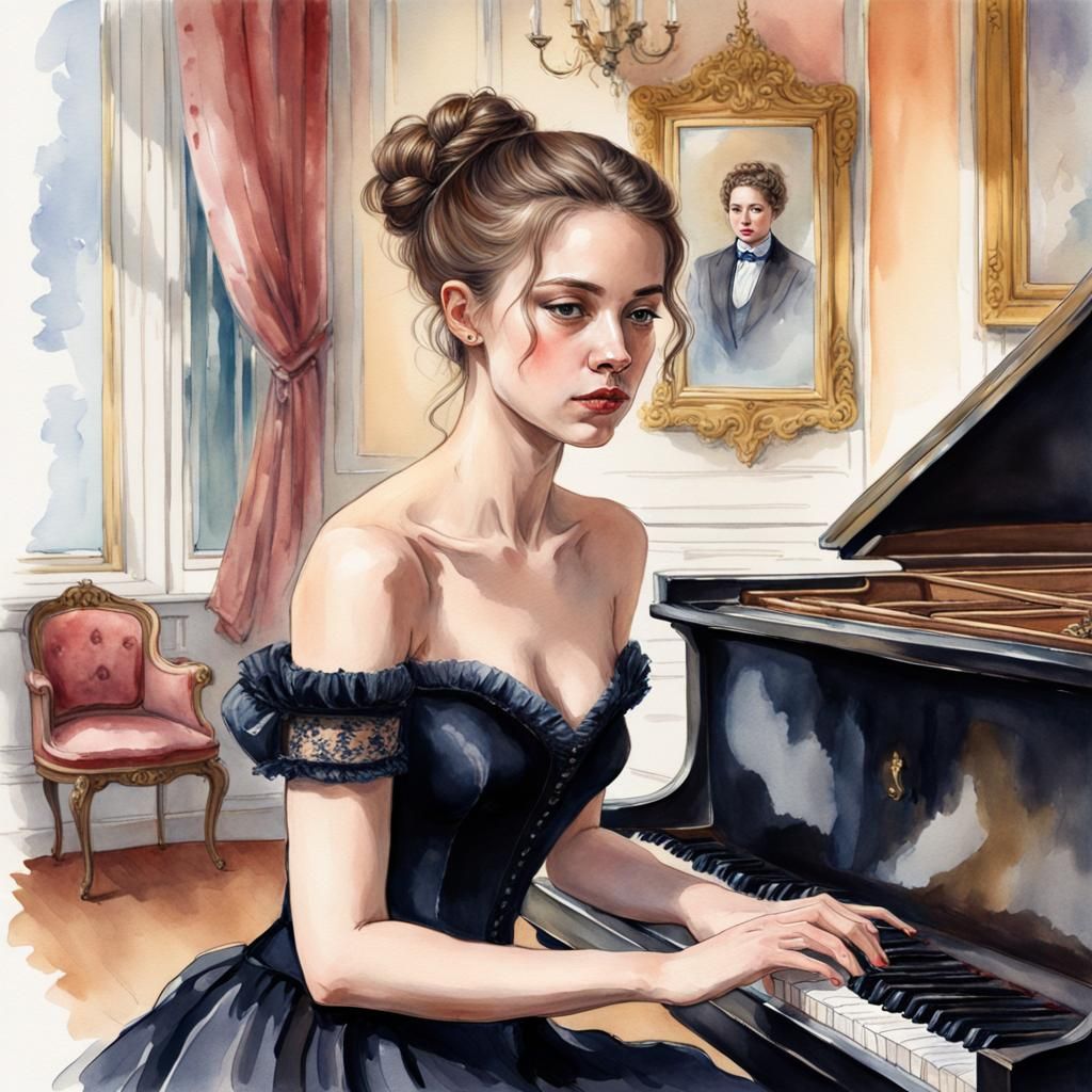 Victorian Woman at Piano: A Watercolor Portrait