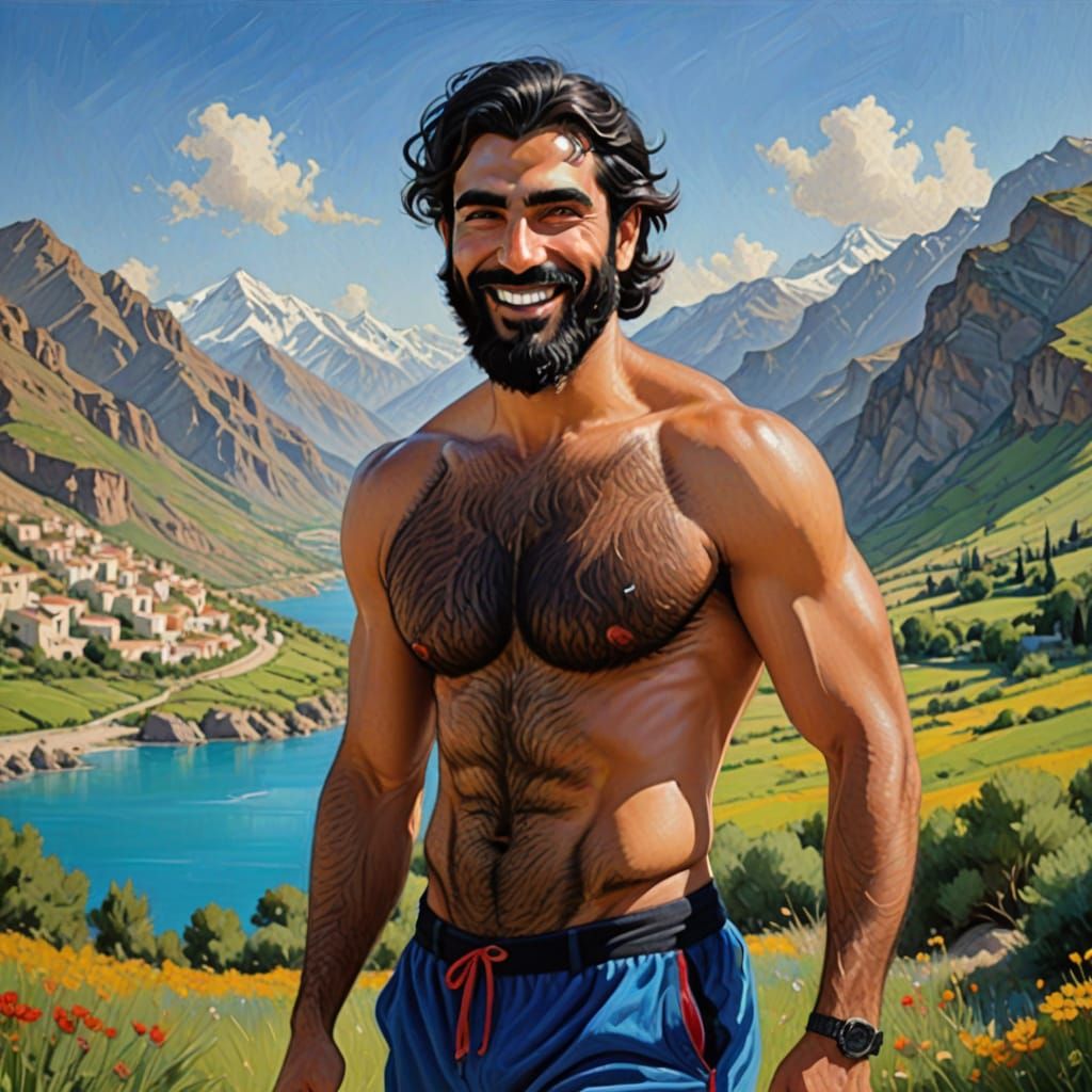 Vibrant Oil Painting of a Handsome Bearded Man in a Serene L...