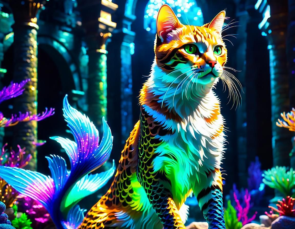 Cat Mermaid in Atlantis: 3D Render
