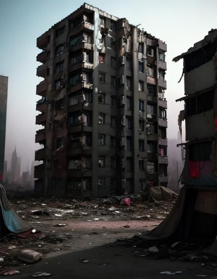 Dystopian Slum Under Gleaming Tower: Digital Art