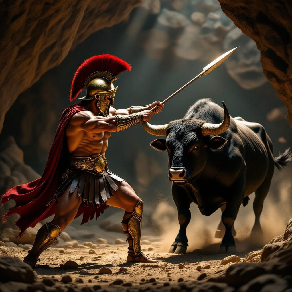 Ancient Greek Warrior Battles Black Bull