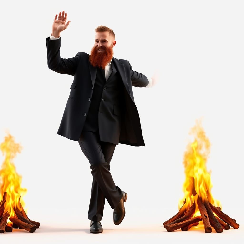 Joyful Hasidic Man Dancing Beside Lag Ba'Omer Bonfire in Pho...