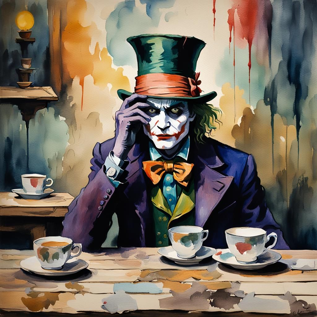 Mad Hatter's Dark Insanity in Post-impressionist Watercolour