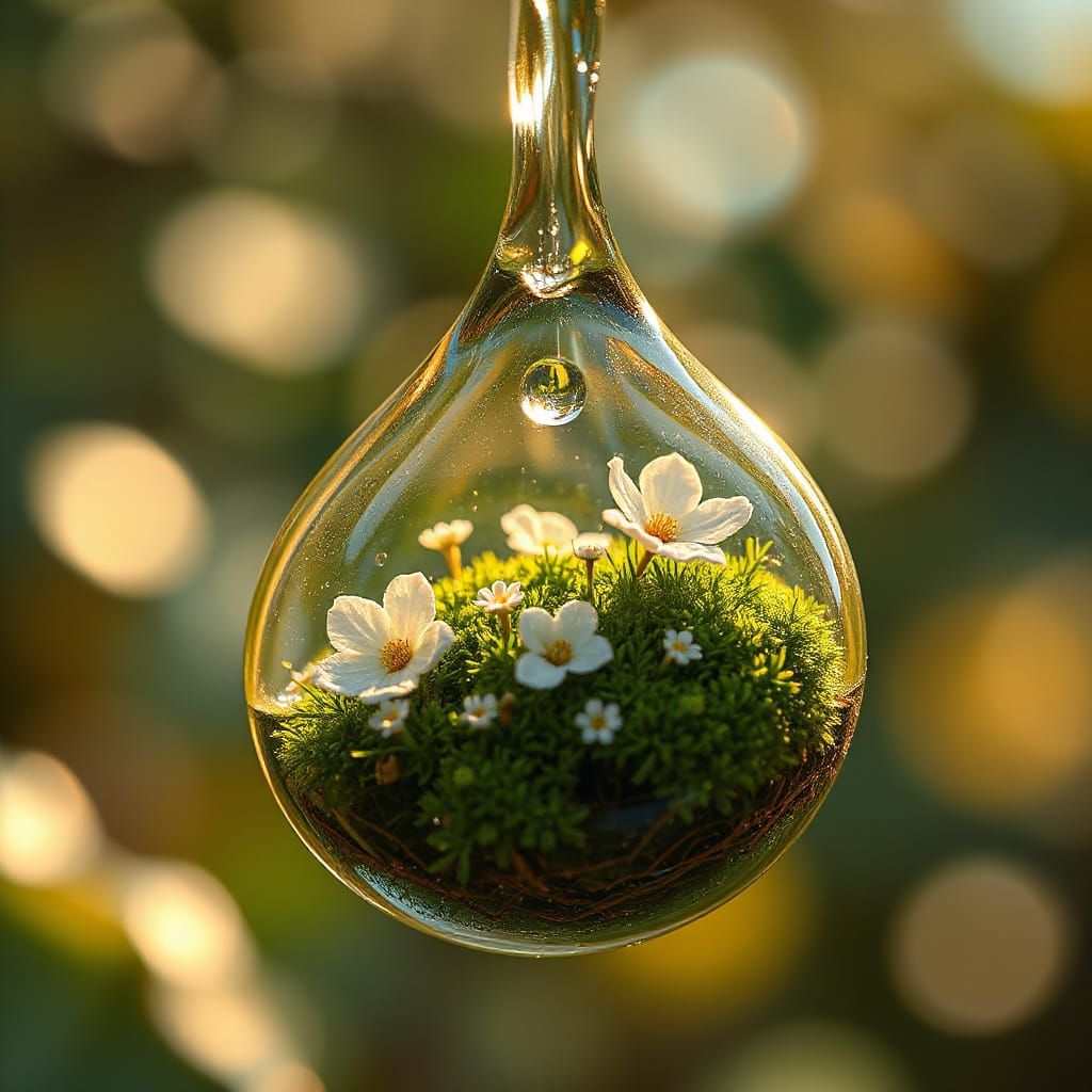 Translucent Water Drop with Moss and Flowers