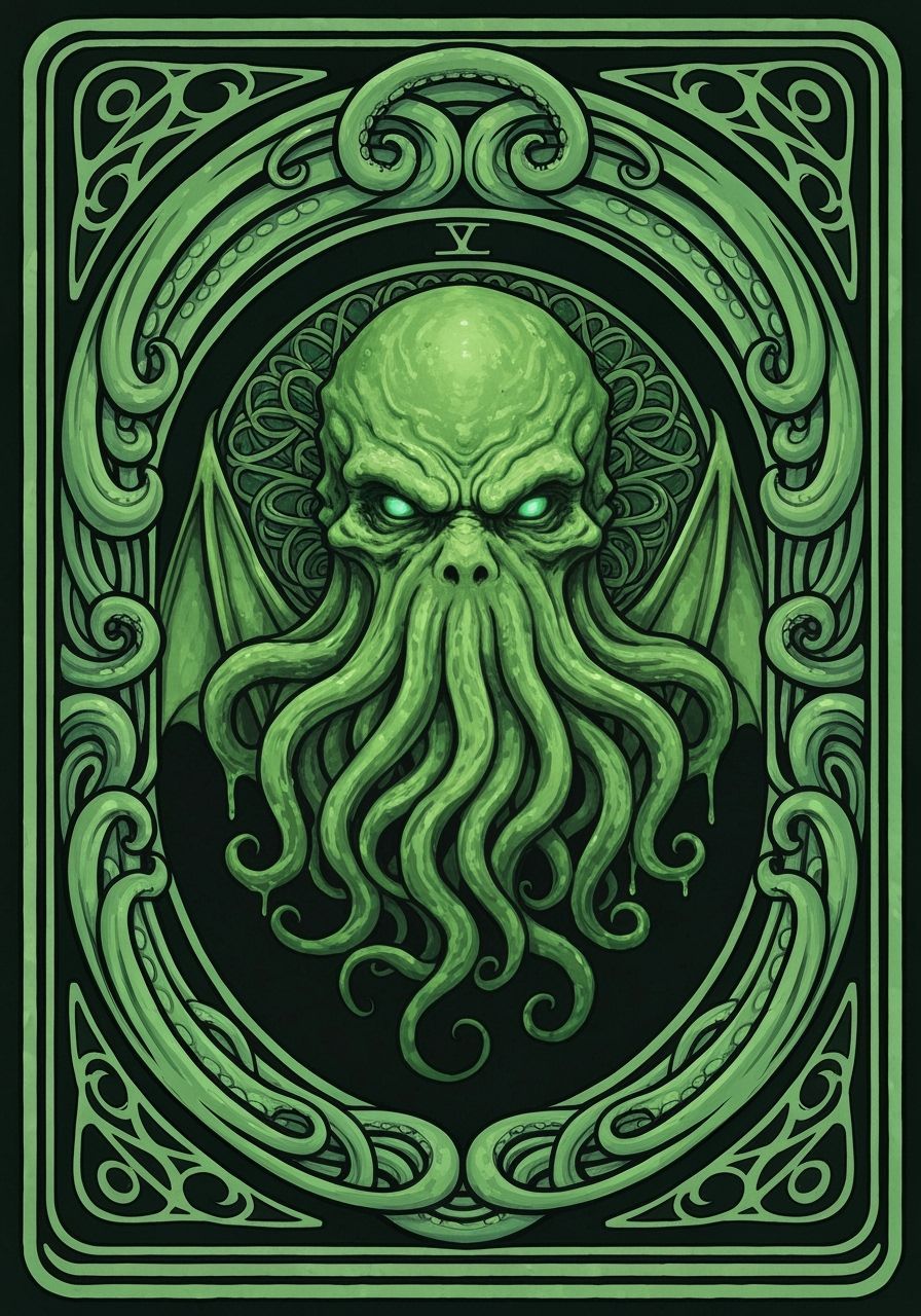 Art Nouveau Cthulhu Tarot Card in Slimy Greens