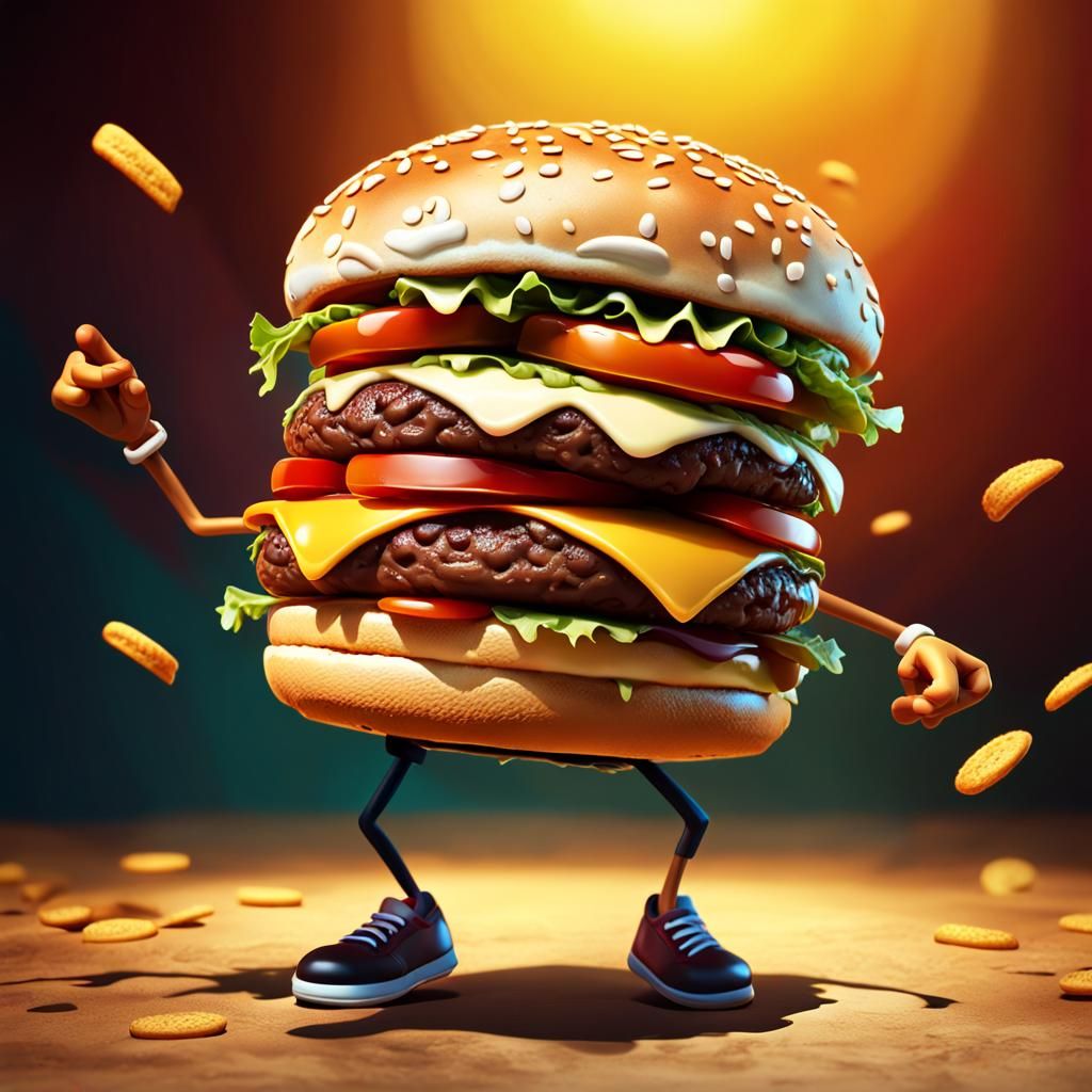 Dancing Burger Character in Hyper-Realistic Cartoon Art