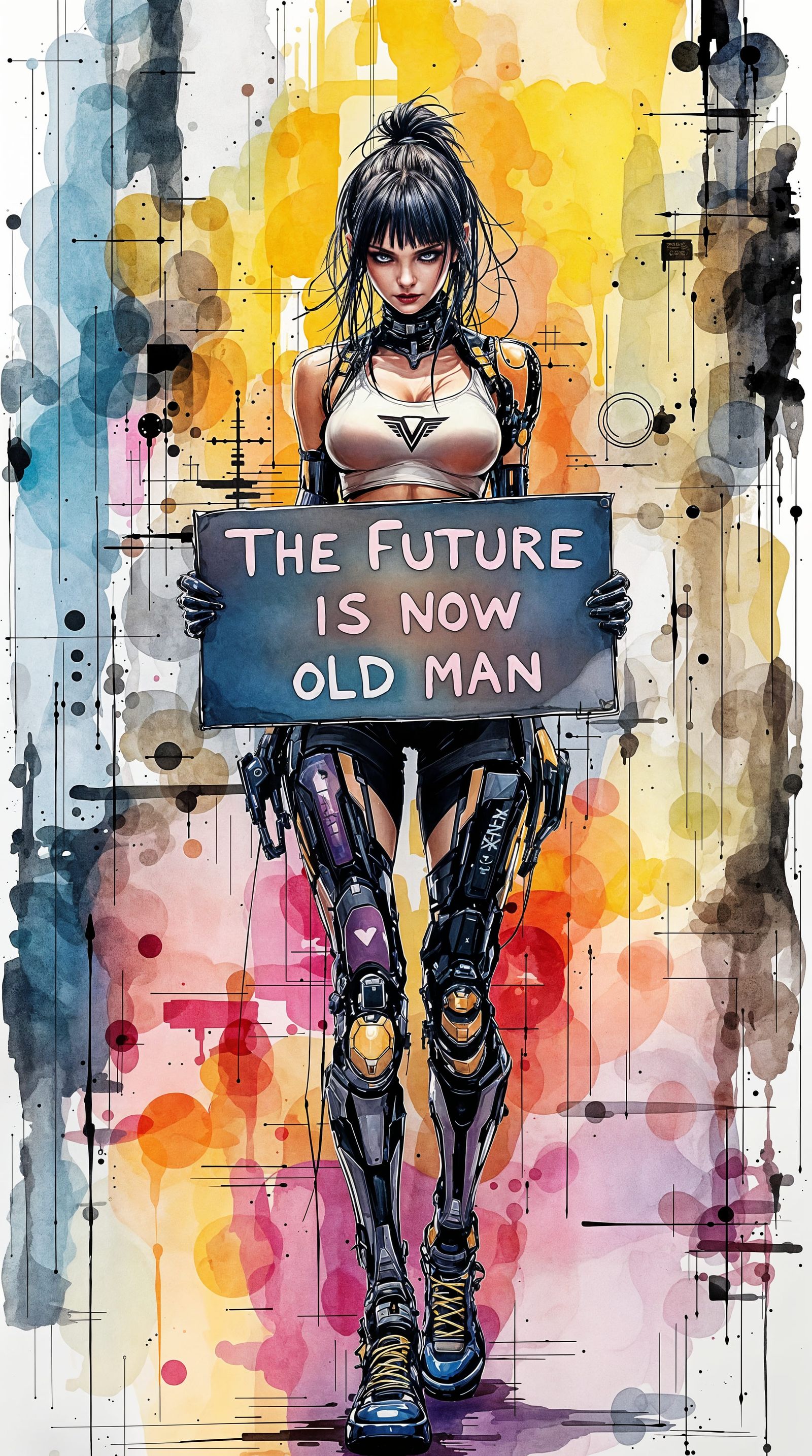 Cyberpunk Woman with Prosthetics Holding "The Future is Now"...
