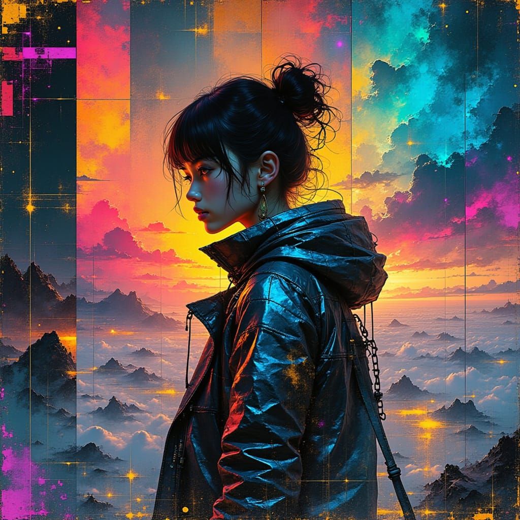 Futuristic Woman in Aurora with Floating Typography