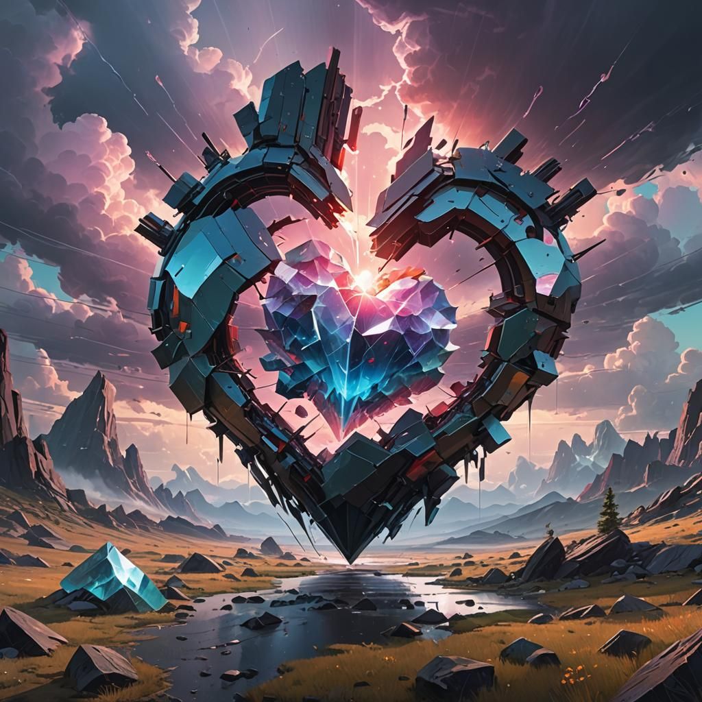 Shattered Crystalline Heart in Ethereal Landscape
