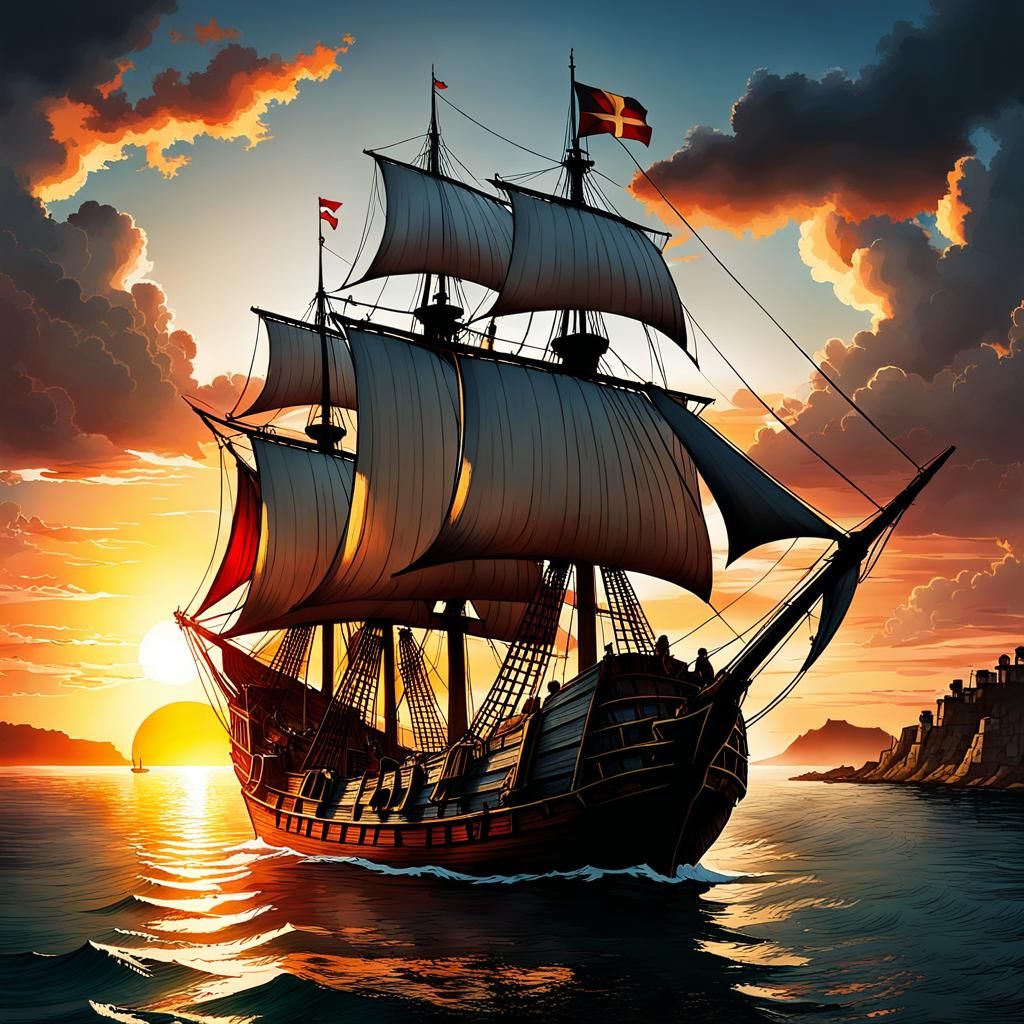 Melee Island Sunset: Medieval Ship in Comic Style