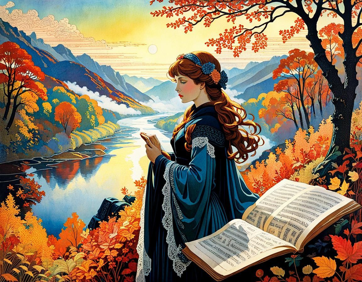 Autumnal River Valley in Art Nouveau Collage Style