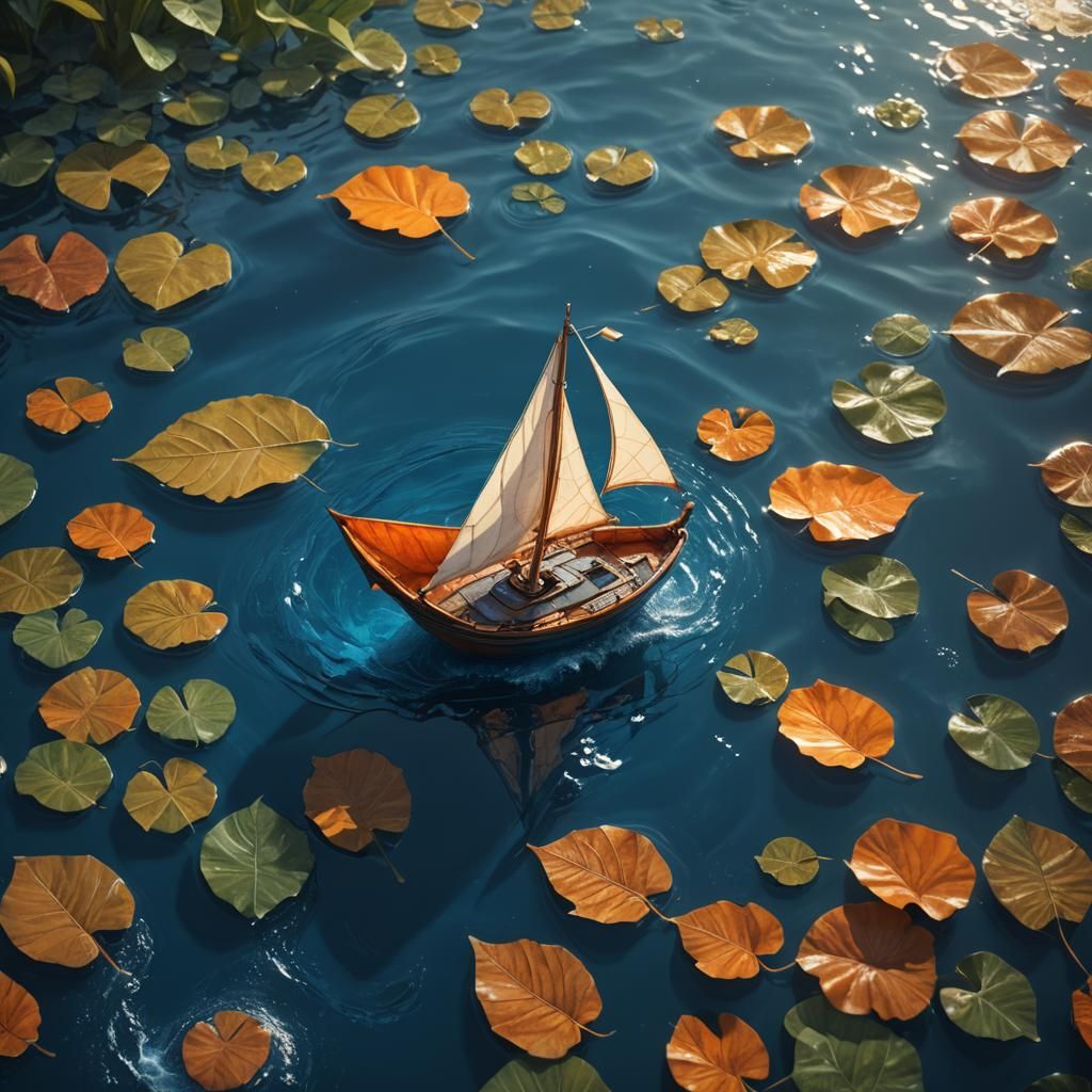Mini Sailboat on Leaf in Fantasy Ocean