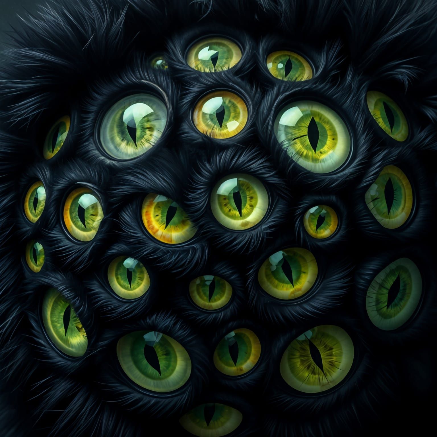 50 Realistic Green Cat Eyes in a Shimmering Black Fur Ball