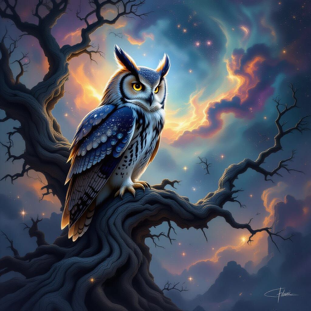 Majestic Starlit Owl on Pulsing Ancient Tree