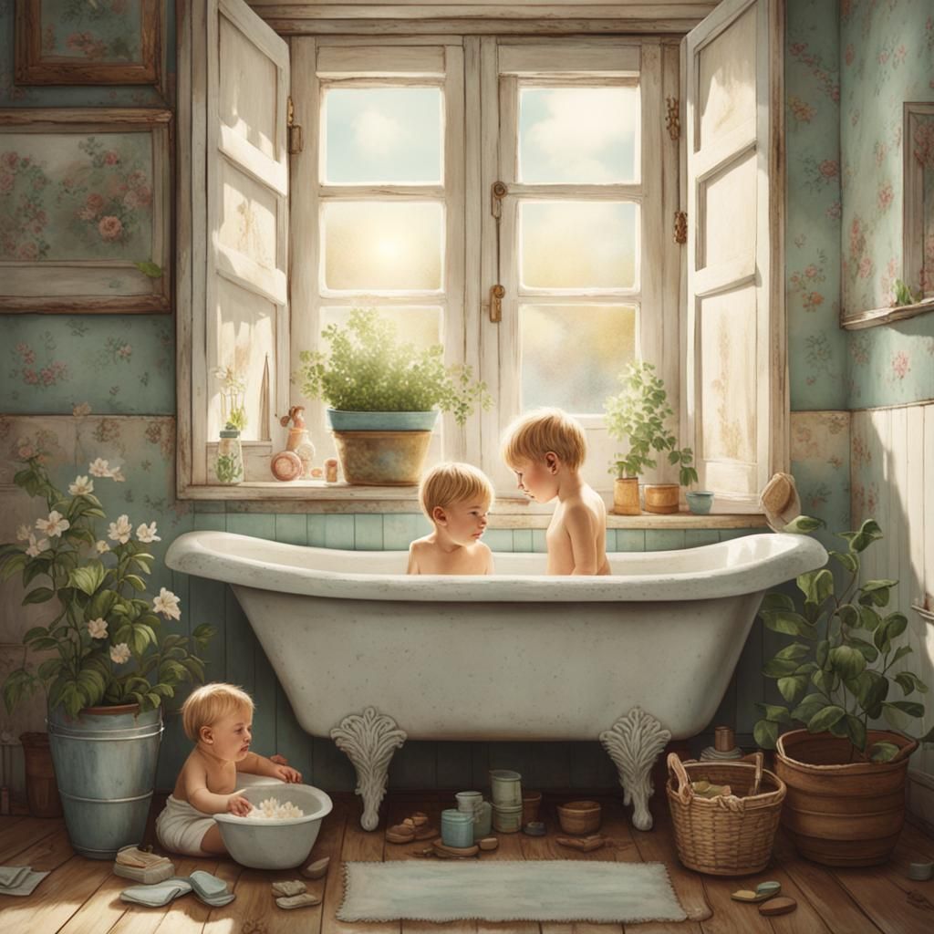 Boy and Sister in Shabby Chic Bathroom