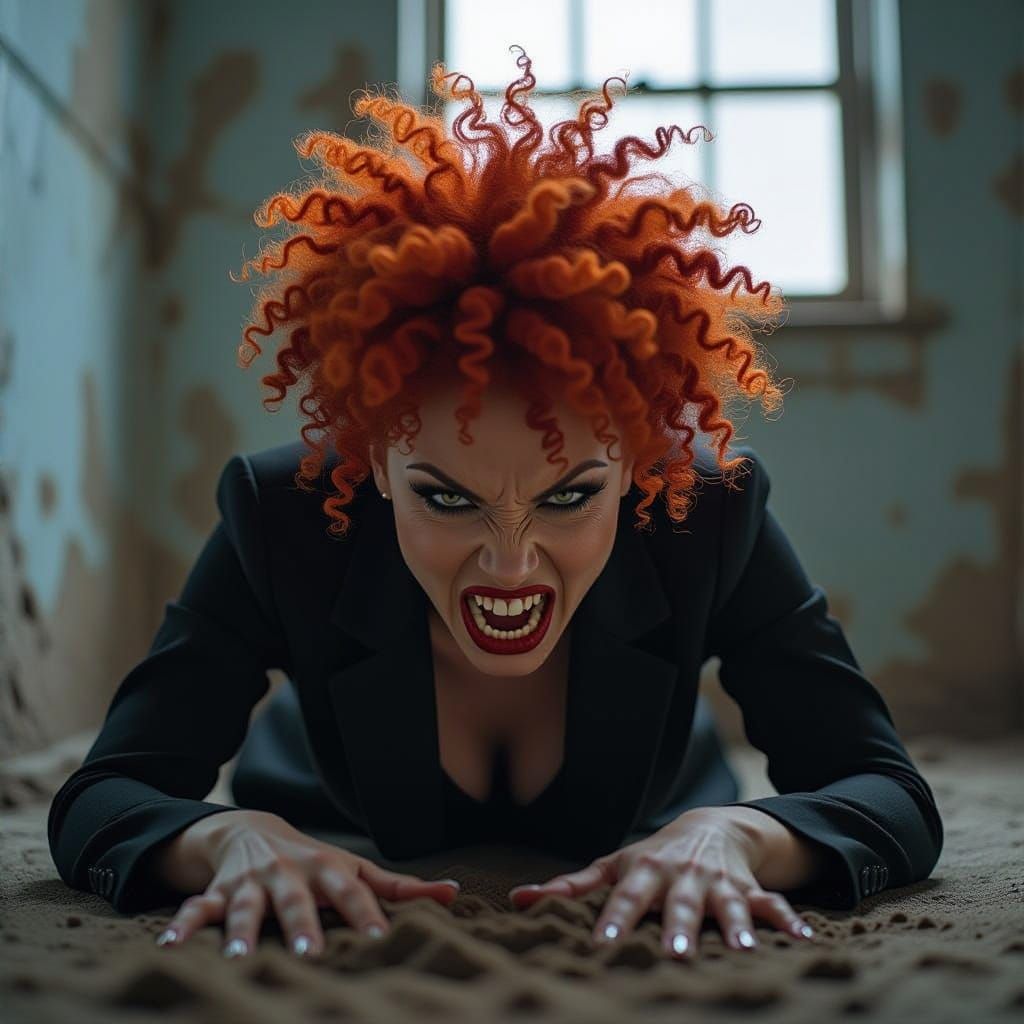 Frightening Ginger Afro Woman in Dark Fantasy Asylum