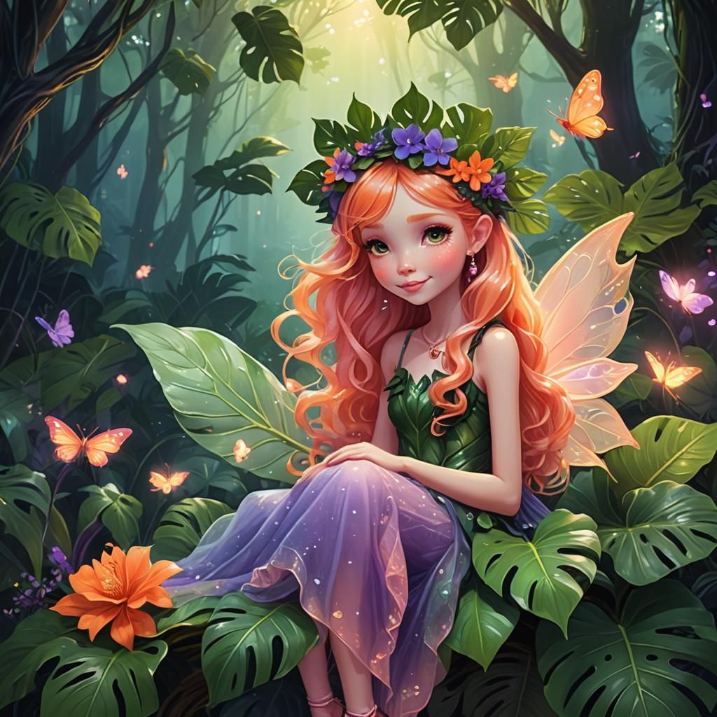 Cute Fairy Sitting on a Leaf in Magical Forest