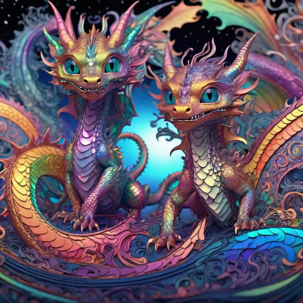 Iridescent Dragons in Interstellar Art Nouveau Style