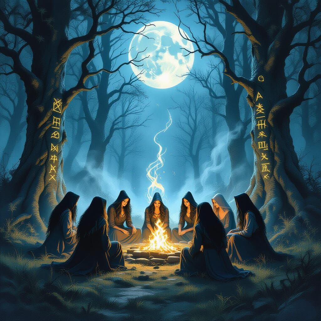 Witches Ritual in Moonlit Clearing