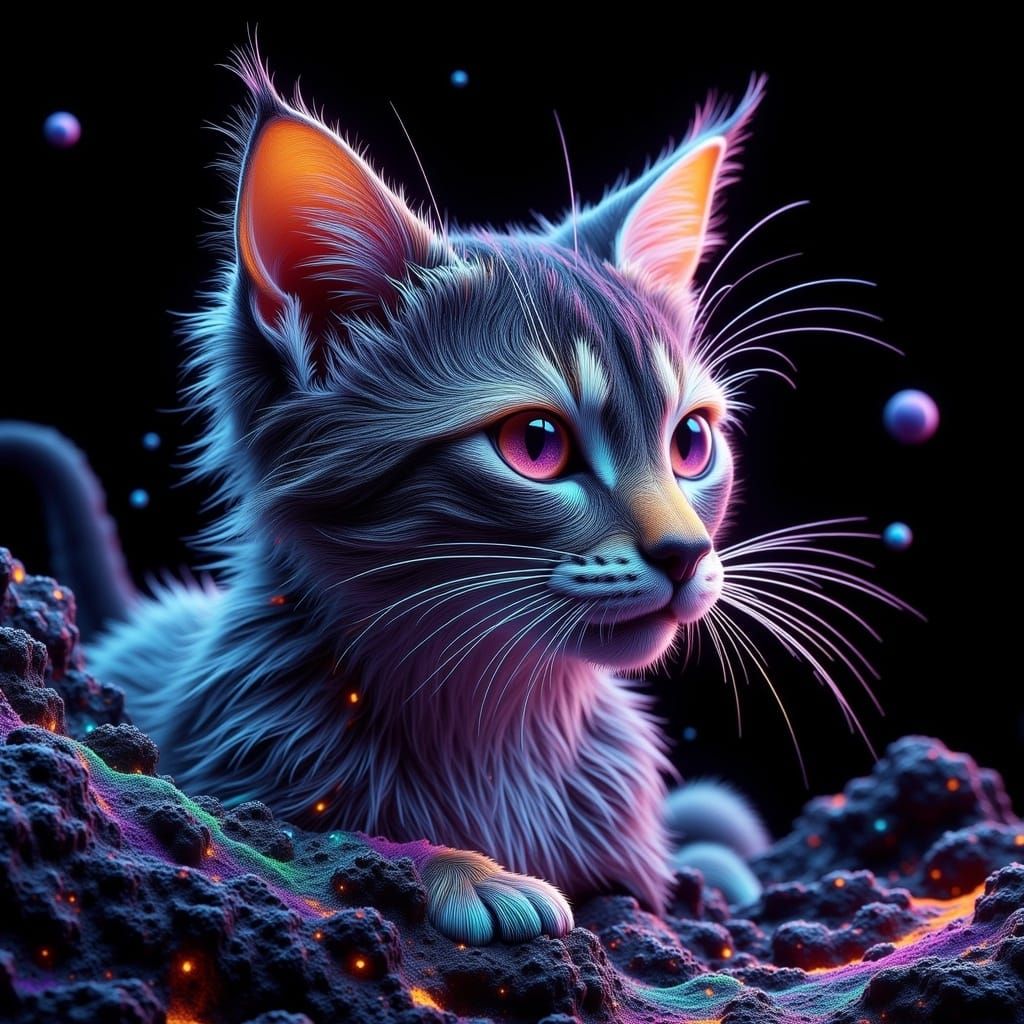 Whimsical Glittercore Cat Twirling in Starry Mist
