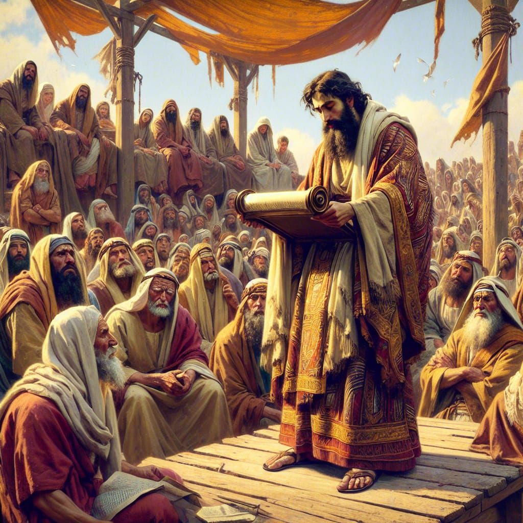 Ezra Reading Law from Scroll in Biblical Times